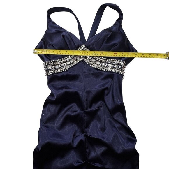 B. DARLEN BodyCon Skim Prom Dress Juniors Size 1/2 Navy Rhinestones Straps Party - Picture 12 of 13
